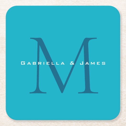 Monogrammed Calligraphy Azure Blue Modern Plain Vierkante Kartonnen Onderzetter (Voorkant)