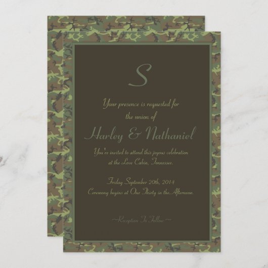 Monogrammed Camouflage Bruiloft Kaart (Voorkant / Achterkant)