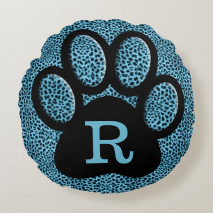 Monogrammed Cheetah Print in Blue met kat Paw Rond Kussen