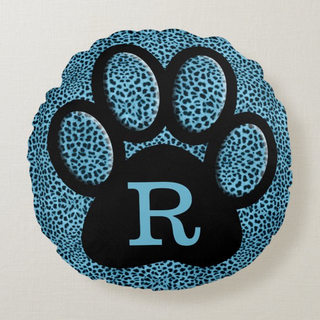 Monogrammed Cheetah Print in Blue met kat Paw Rond Kussen (Voorkant)