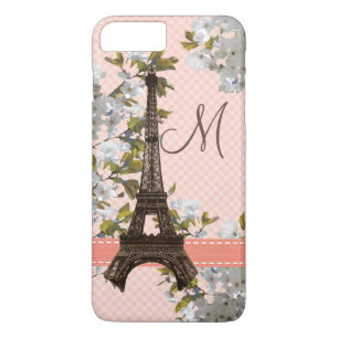 Monogrammed Cherry Blossom Eiffel Tower iPhone 8 Plus / 7 Plus Hoesje