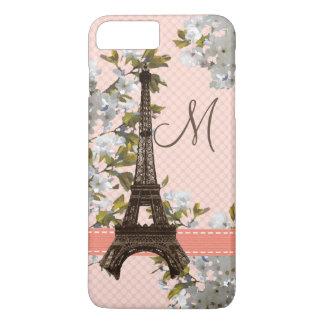 Monogrammed Cherry Blossom Eiffel Tower iPhone 8 Plus / 7 Plus Hoesje