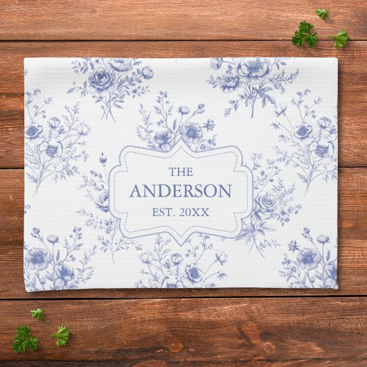 Monogrammed Classic Blue Flowers Floral Pattern Theedoek