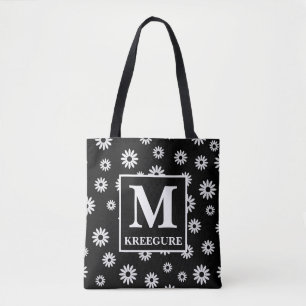Monogrammed Classic Serif BW Daisies Draagtas