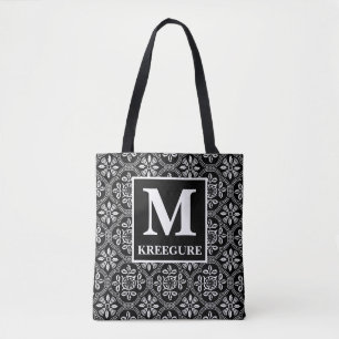 Monogrammed Classic Serif BW Thistle Damask Draagtas