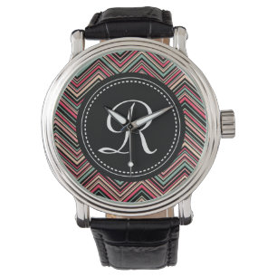 Monogrammed Colorful Tribal Chevron Pattern Horloge