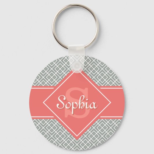 Monogrammed Coral and Grey Diamond Pattern Sleutelhanger (Voorkant)