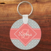 Monogrammed Coral and Grey Diamond Pattern Sleutelhanger (Voorkant)