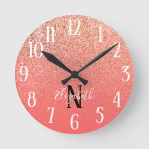 Monogrammed Coral en Oranje Glitter Ombre Ronde Klok