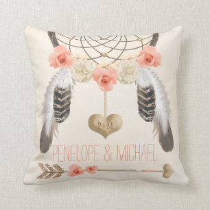 Monogrammed Coral Gold Boho Dreamweaver Wedding Kussen