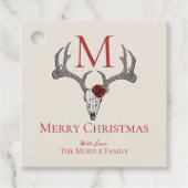 Monogrammed Country Xmas Rendier Schedel en Rozen Bedankjes Labels (Voorkant)