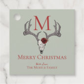 Monogrammed Country Xmas Rendier Schedel en Rozen Bedankjes Labels (Voorkant)
