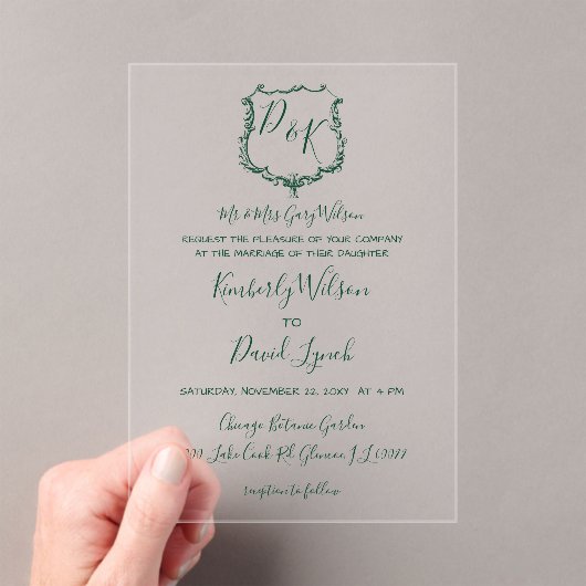 Monogrammed Crest Forest Green Wedding Acryl Uitnodigingen (Insitu (Draagbaar))