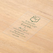 Monogrammed Crest Forest Green Wedding Acryl Uitnodigingen (Laagn)