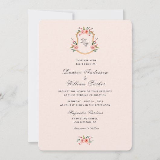 Monogrammed Crest met bloemen Weddenschap Aankondiging (Voorkant)