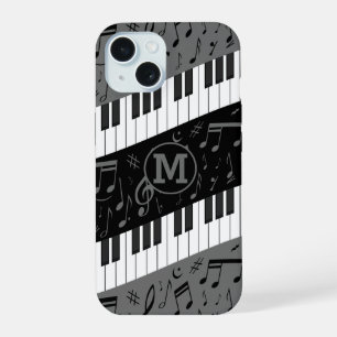 Monogrammed curve piano toetsen en muzieknoten iPhone 15 hoesje