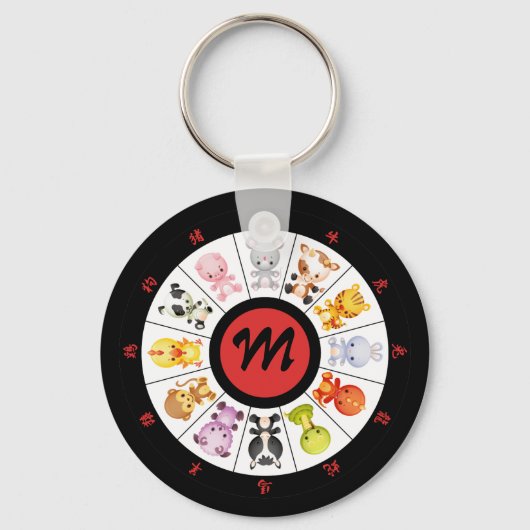 Monogrammed Cute Chinese Zodiac Circle Sleutelhang Sleutelhanger (Voorkant)