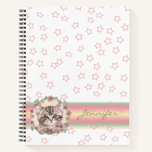 Monogrammed Cute Kitten Floral Pink Star Notitieboek (Voorkant)