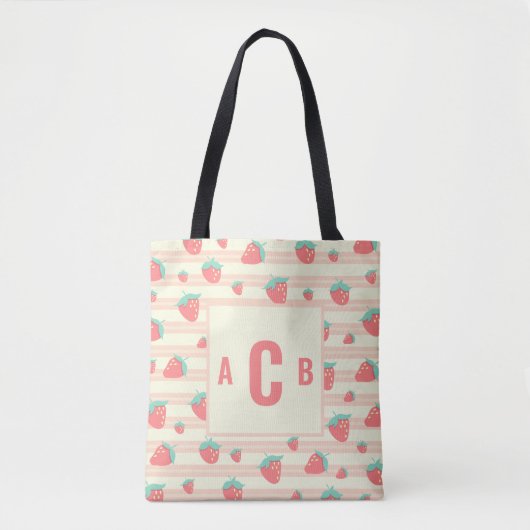 Monogrammed Cute Strawberries + Cream Pattern Draagtas (Voorkant)