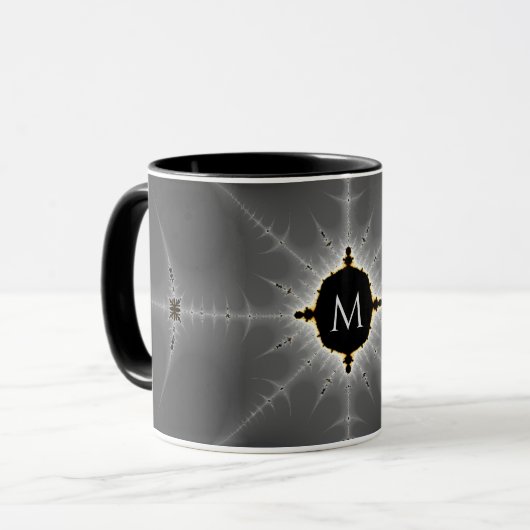 Monogrammed Dark Grey and Black Fractal Mok (Voorkant links)