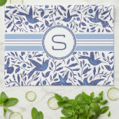 Monogrammed Delft Blue Birds & Leaf Pattern Theedoek (Gevouwen)