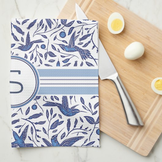 Monogrammed Delft Blue Birds & Leaf Pattern Theedoek (Quarter Fold)