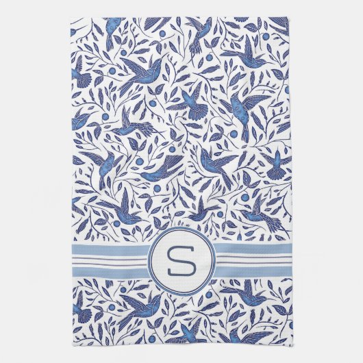 Monogrammed Delft Blue Birds & Leaf Pattern Theedoek (Verticaal)