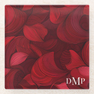 Monogrammed donkerrood Abstract bladpatroon Glazen Onderzetter