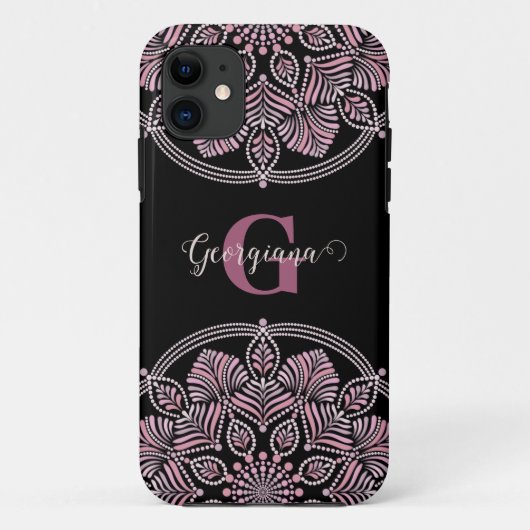 Monogrammed Dusky Roos Bloemen Fronds Dot Mandala Case-Mate iPhone Case (Achterkant)