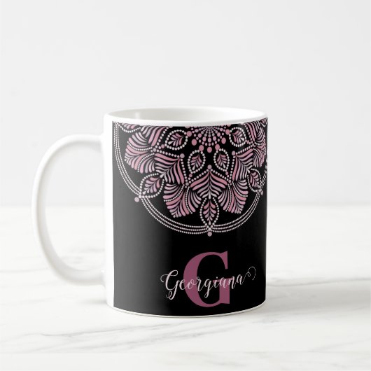 Monogrammed Dusky Roos Bloemen Fronds Dot Mandala Koffiemok (Links)