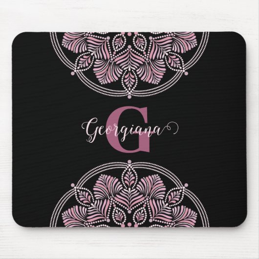 Monogrammed Dusky Roos Bloemen Fronds Dot Mandala Muismat (Voorkant)