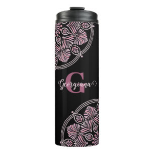 Monogrammed Dusky Roos Bloemen Fronds Dot Mandala Thermosbeker