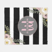 Monogrammed Dusty Floral Boho Stripe Fleece Deken (Voorkant (Horizontaal))