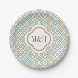 Monogrammed Eggshell Blu en Gold Moroccan Wedding Papieren Bordje