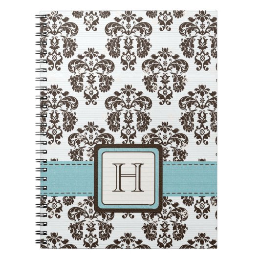 Monogrammed Eggshell Blue Brown Damask Spiral Note Notitieboek (Voorkant)