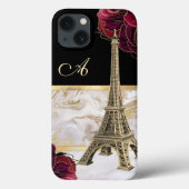 Monogrammed Eiffeltower Gold, zwart marmer Roos Case-Mate iPhone Case (Achterkant)