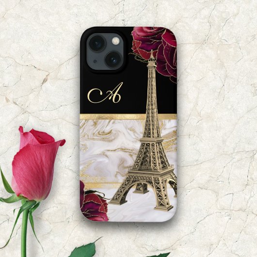 Monogrammed Eiffeltower Gold, zwart marmer Roos Case-Mate iPhone Case