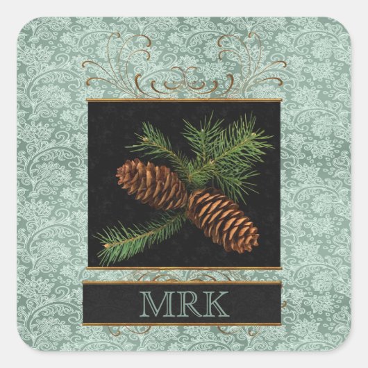 Monogrammed Elegance with Pine Cones Vierkante Sticker (Voorkant)