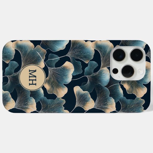Monogrammed Elegant Blauw Ginkgo Bloempatroon Case-Mate iPhone Case (Achterkant (horizontaal))