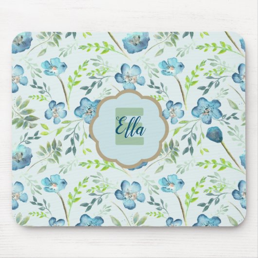Monogrammed Elegant Boho Blue Waterverf Flowers Muismat (Voorkant)