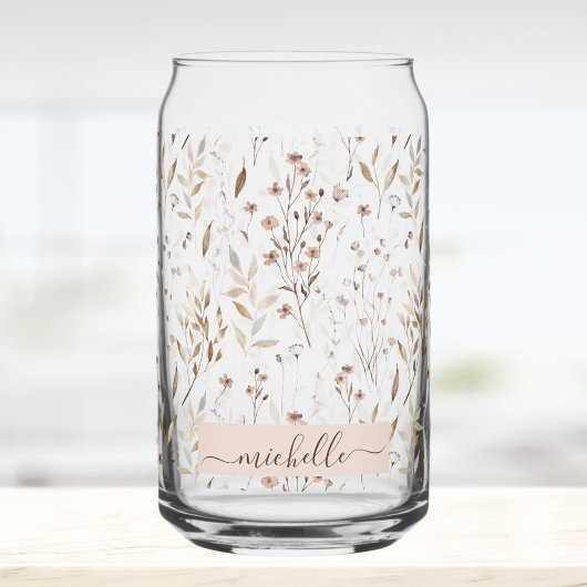 Monogrammed Elegant Bruin Bloemen Botanisch Blikvorm Glas