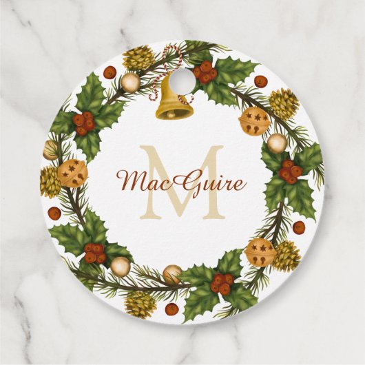 Monogrammed Elegant Kerstmis Wreath Bedankjes Labels (Achterkant)
