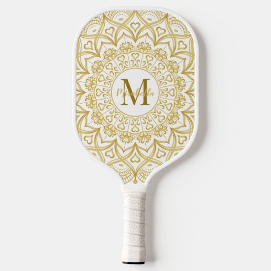 Monogrammed Elegant Mandala Girly Wit en Goud Pickleball Paddle (Achterkant)