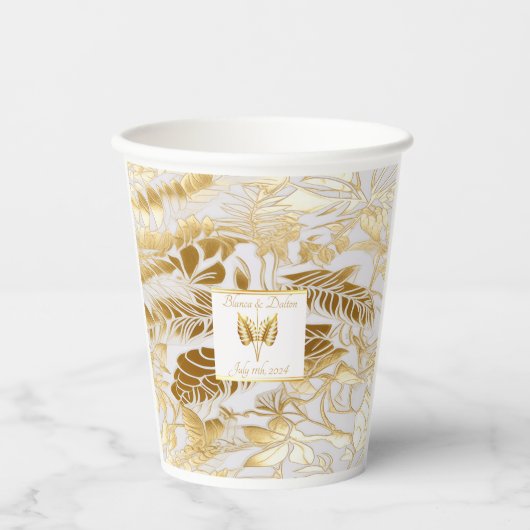 Monogrammed Elegant Monstera Vergulde Gouden Bruil Papieren Bekers (Voorkant)