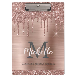 Monogrammed Elegant Pink Rose Gold Glitter Druppel Klembord