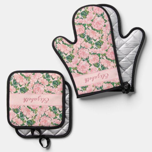 Monogrammed Elegant Roze Rozen en Monstera Bloemen Ovenwant & Pannenlap Set (Voorkant / Achterkant)