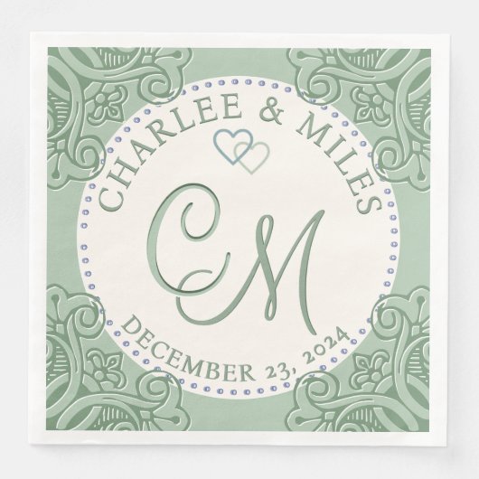 Monogrammed Emerald & Sand Wedding Servet (Voorkant)