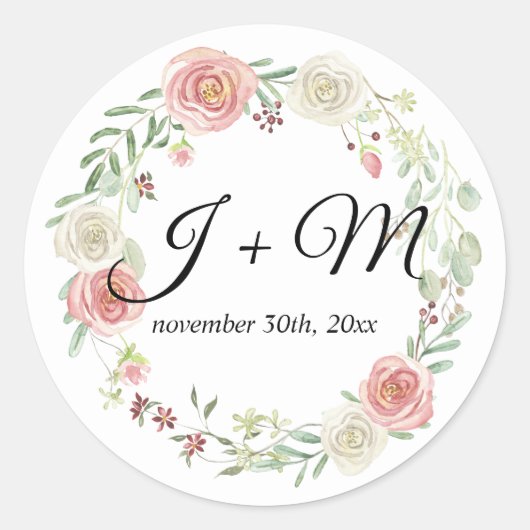 Monogrammed Envelop Seal Blush Ivory Roos Bloemen Ronde Sticker (Voorkant)