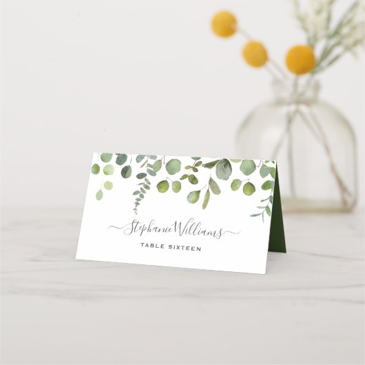 Monogrammed Eucalyptus Bruiloft Gevouwen Plaats Ka (Voorkant)