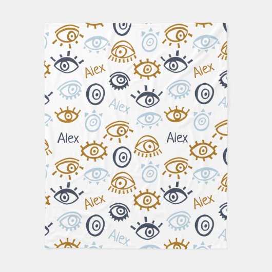 Monogrammed Evil Eye Pattern | Add Name Fleece Bla Deken (Voorkant)